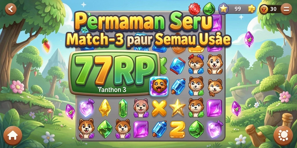 Screenshot 77RP menampilkan aksi seru permainan Match-3.