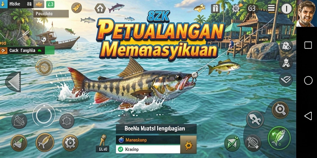 Screenshot 8ZK menampilkan gameplay memancing yang seru dan menenangkan.
