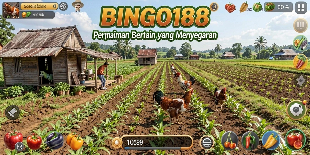 Screenshot BINGO188 menampilkan ladang yang subur dengan berbagai tanaman dan hewan.