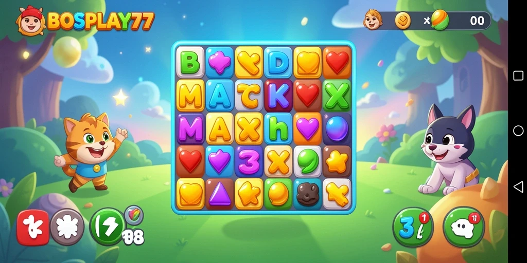 Gameplay seru BOSPLAY77 dengan tantangan Match-3 yang menarik.