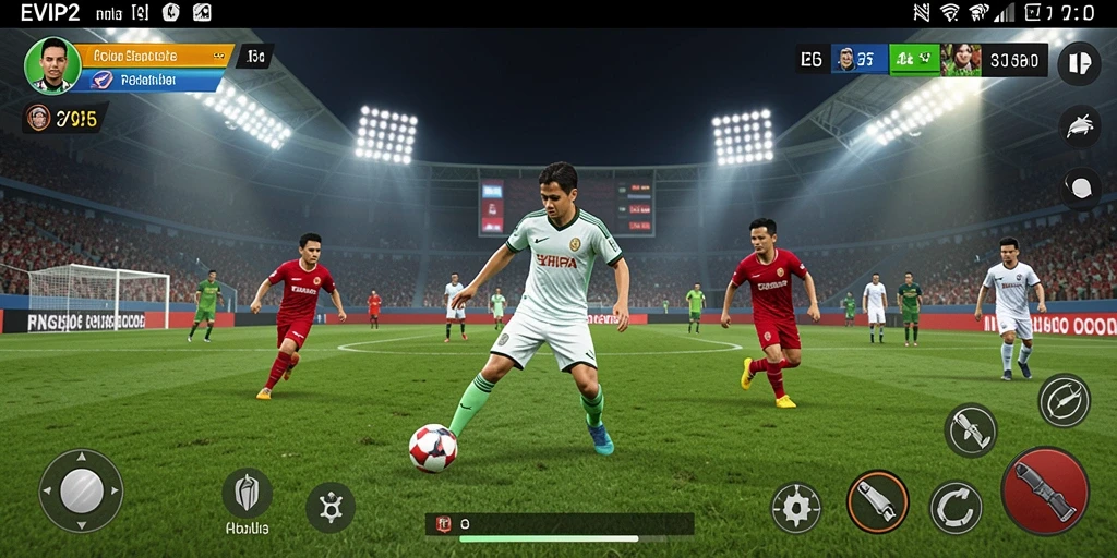 Tampilan gameplay EVIP2 yang seru dalam pertandingan sepak bola.