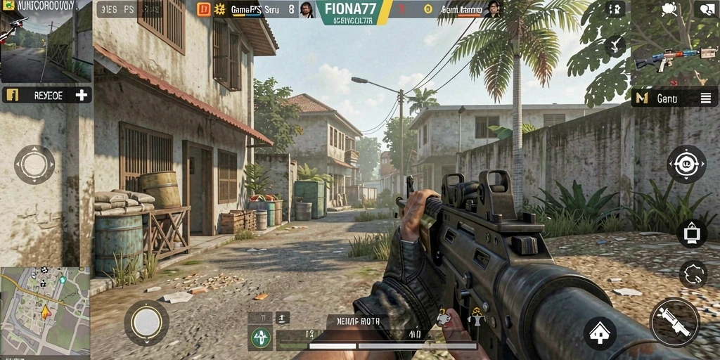 Screenshot gameplay FIONA77 menampilkan aksi seru dalam pertempuran FPS.