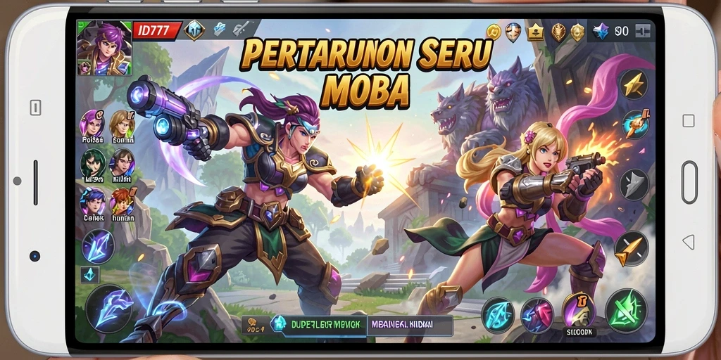 Tampilan seru gameplay <strong>ID777</strong> dengan karakter MOBA yang dinamis.