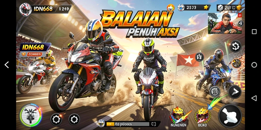 Screenshot utama IDN668 menampilkan balapan motor yang seru dan grafik menawan.