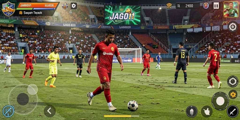 Tampilan gameplay JAGO11 saat pertandingan sepak bola yang seru.